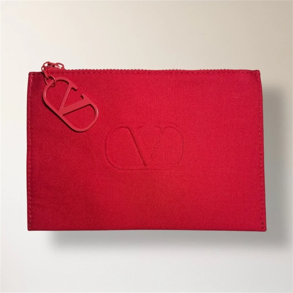 New VALENTINO V Logo Red Zipper Cosmetic Pouch‎ Bag Makeup Cotton Resort Travel
